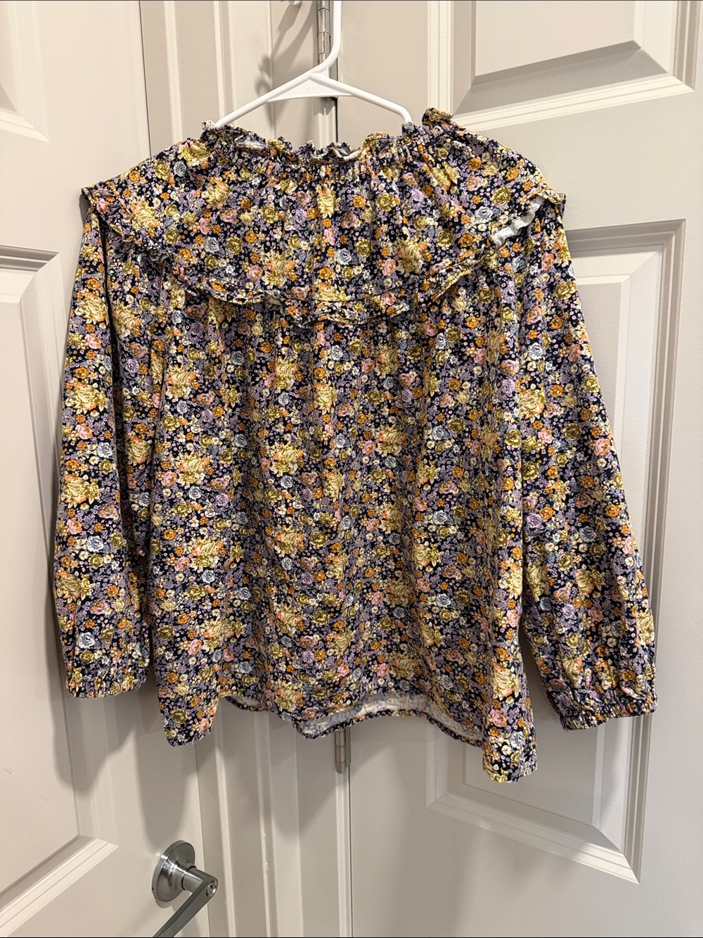 Floral Ruffle Neck Long-Sleeve Top - Yellow & Purple